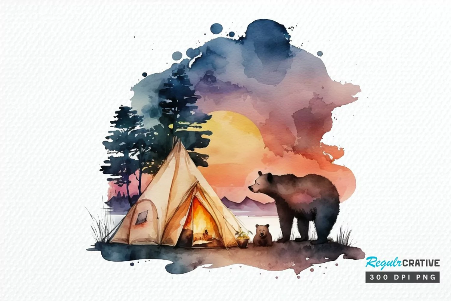 Watercolor Bear Camping at Sunset PNG Clipart product image 1