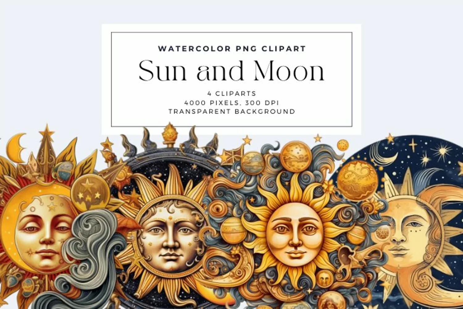 4 Watercolor Sun and Moon Clipart product image 1