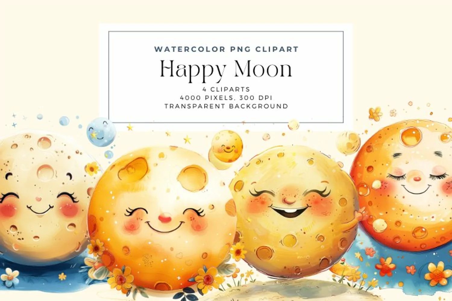 Watercolor Happy Moon Clipart product image 1