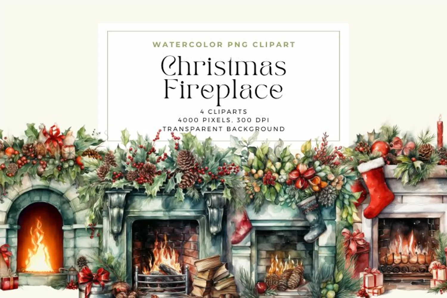 4 Watercolor Christmas Fireplace Clipart product image 1