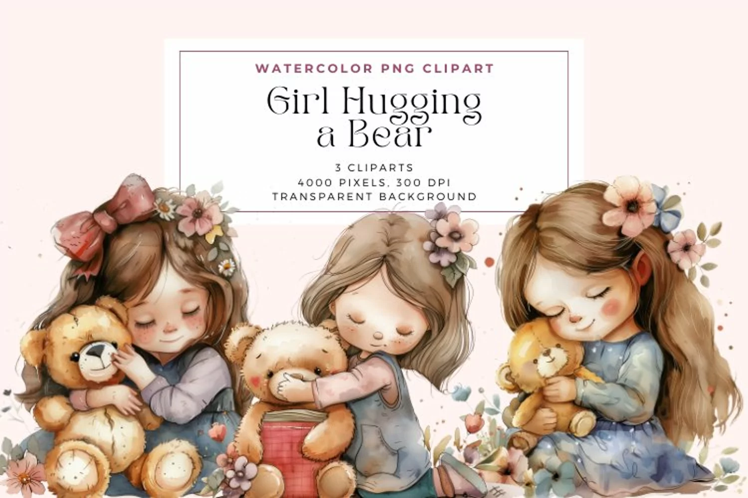 Watercolor Girl Hugging a Bear Clipart product image 1