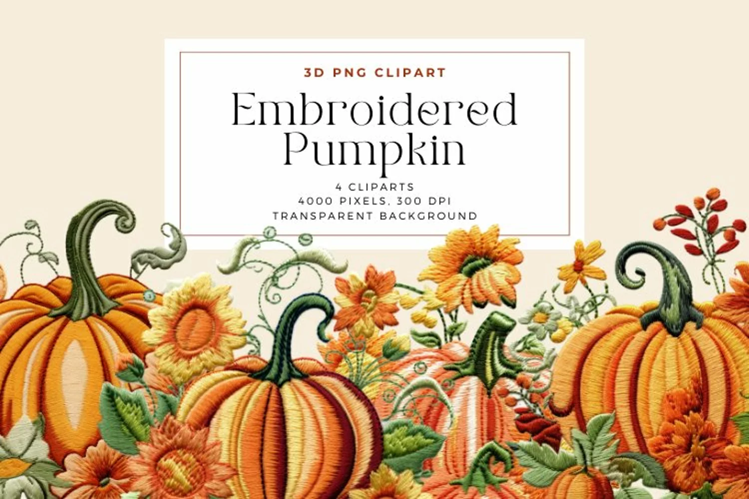 4 Watercolor Embroidered Pumpkin Clipart product image 1