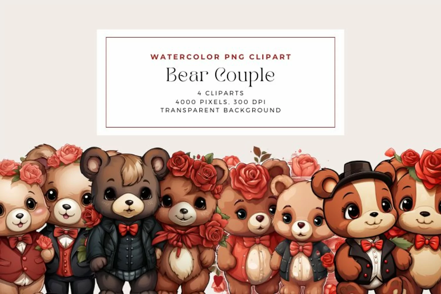 4 Watercolor Bear Couple Clipart product image 1