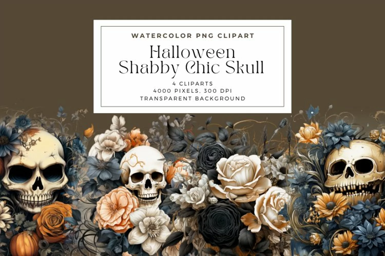 Watercolor Halloween Shabby Chic Skull Clipart product image 1