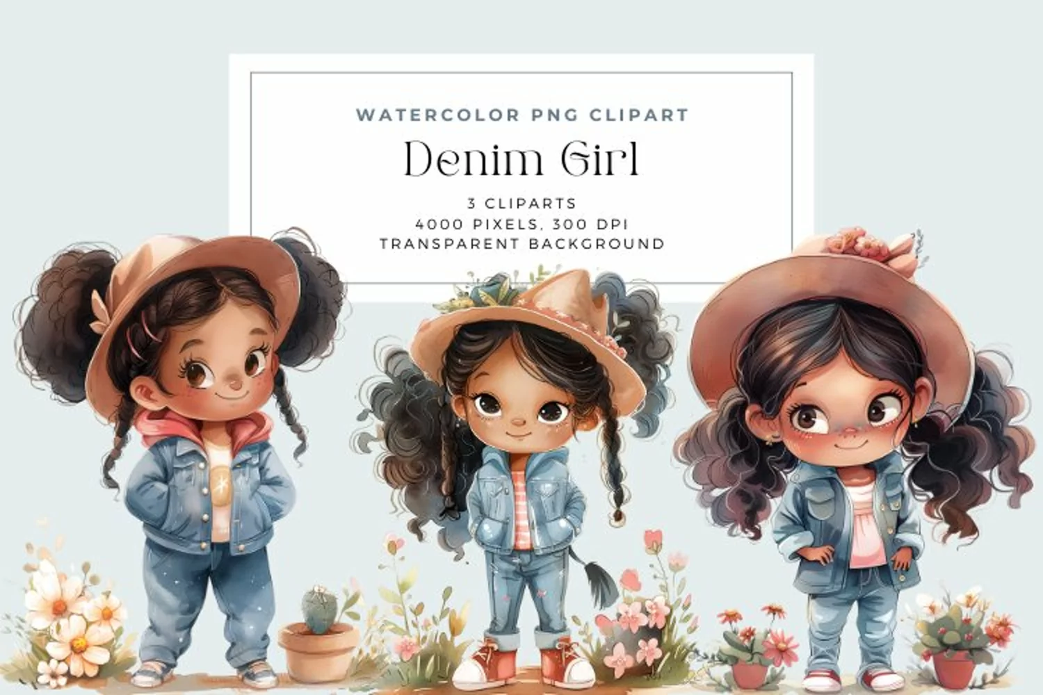 Watercolor Cute Denim Girl Clipart product image 1