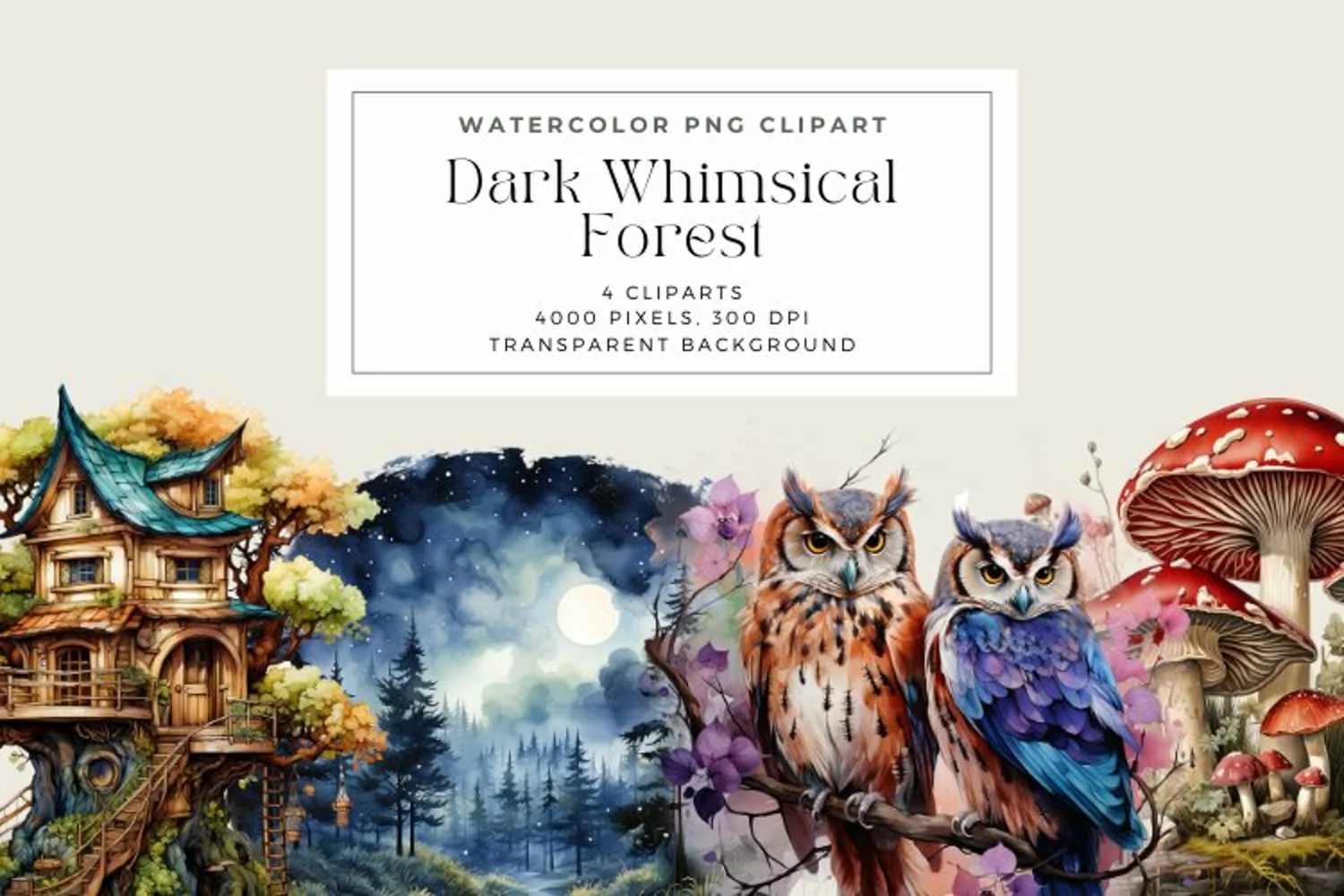 Watercolor Dark Whimsical Forest Clipart product image 1