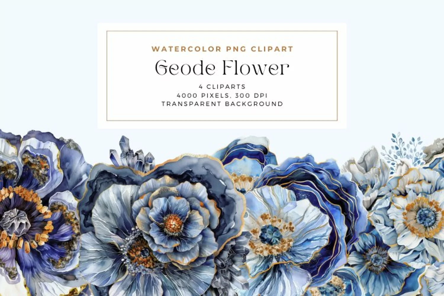 Watercolor Blue and Gold Geode Flower Clipart product image 1