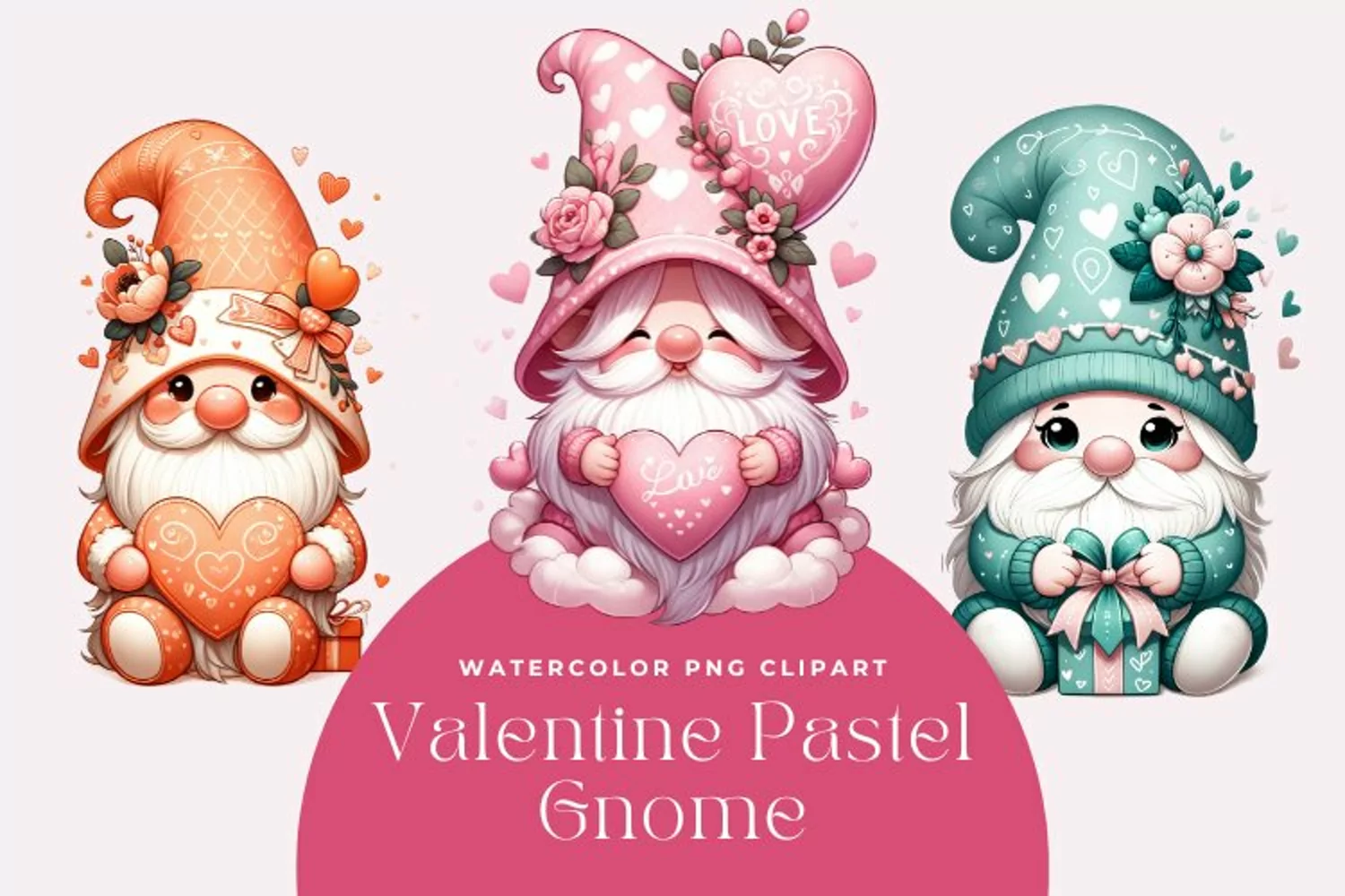 3 Watercolor Valentine Pastel Gnome Clipart product image 1
