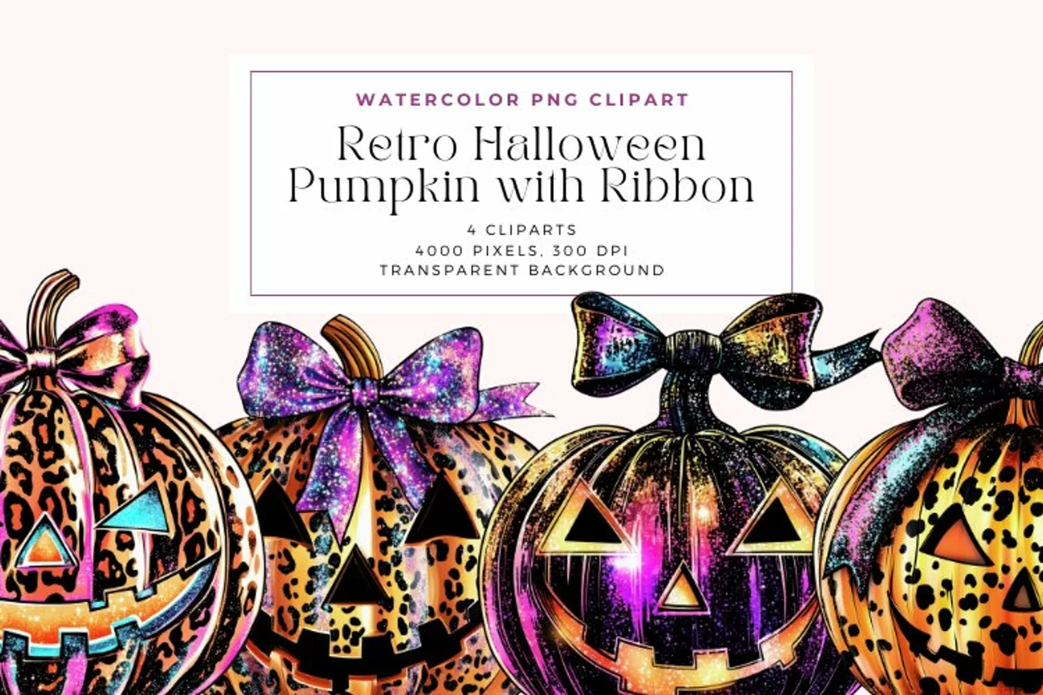 Watercolor Retro Halloween Pumpkin with Ribbon Clipart product image 1