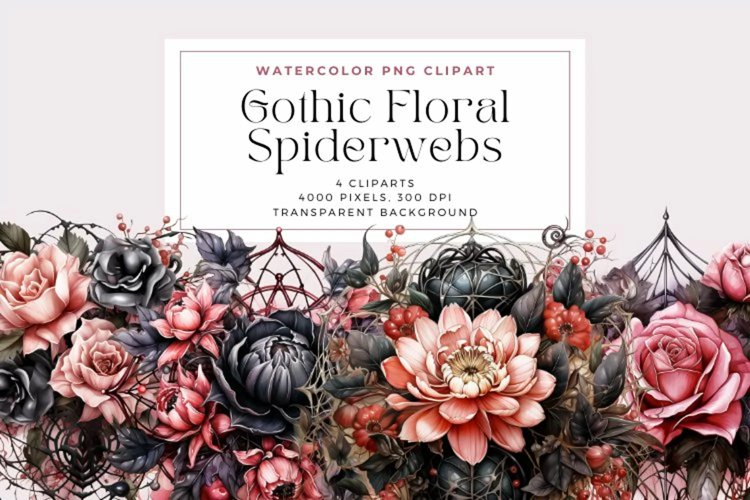 4 Watercolor Gothic Floral Spiderwebs Clipart product image 1