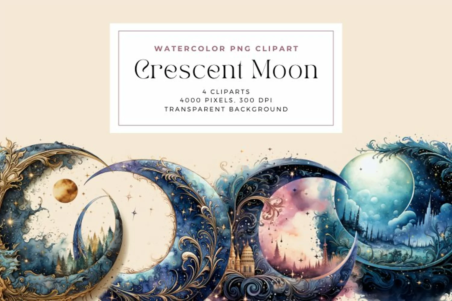 Watercolor Crescent Moon Clipart product image 1