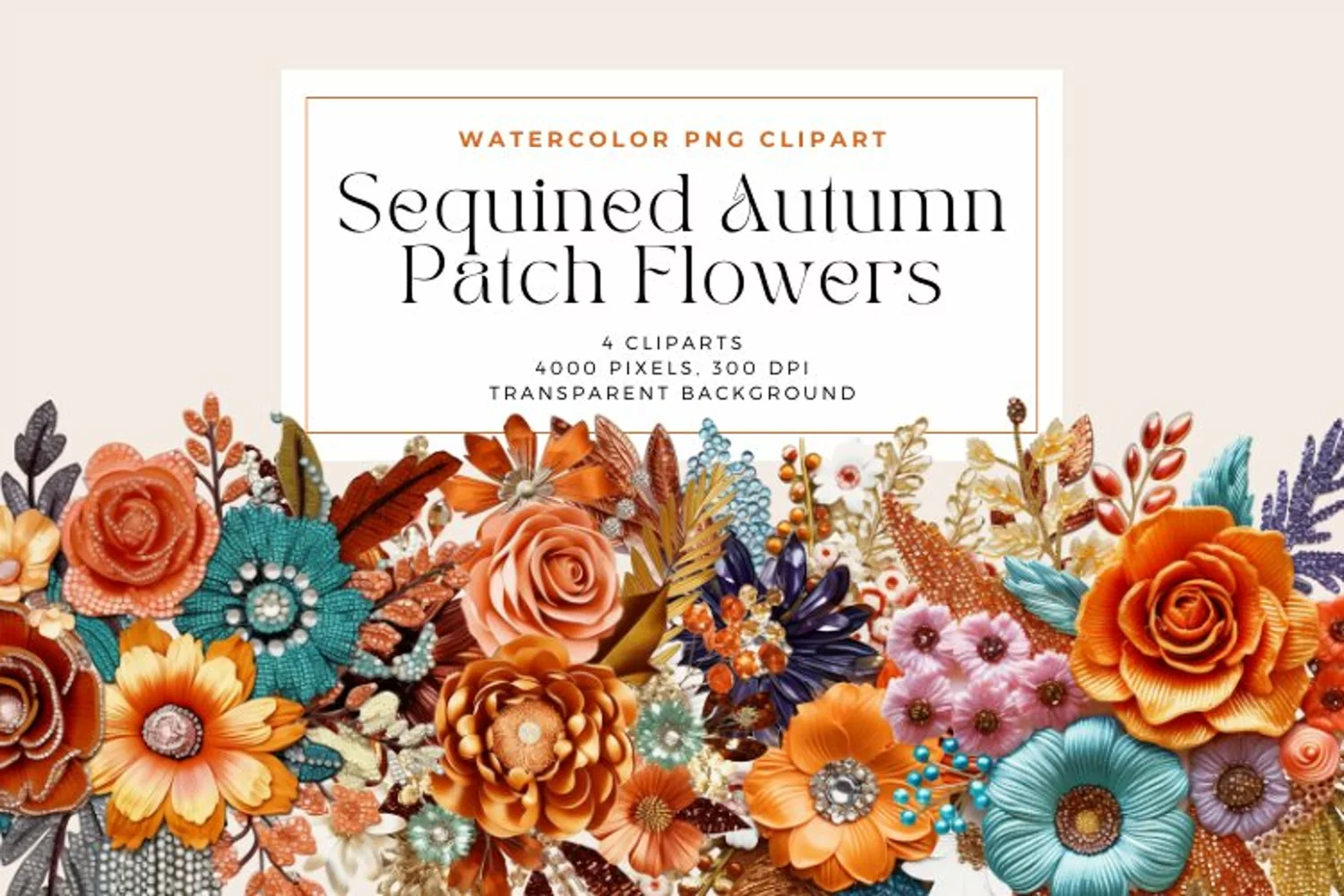 4 Watercolor Sequined Autumn Patch Flowers Clipart product image 1