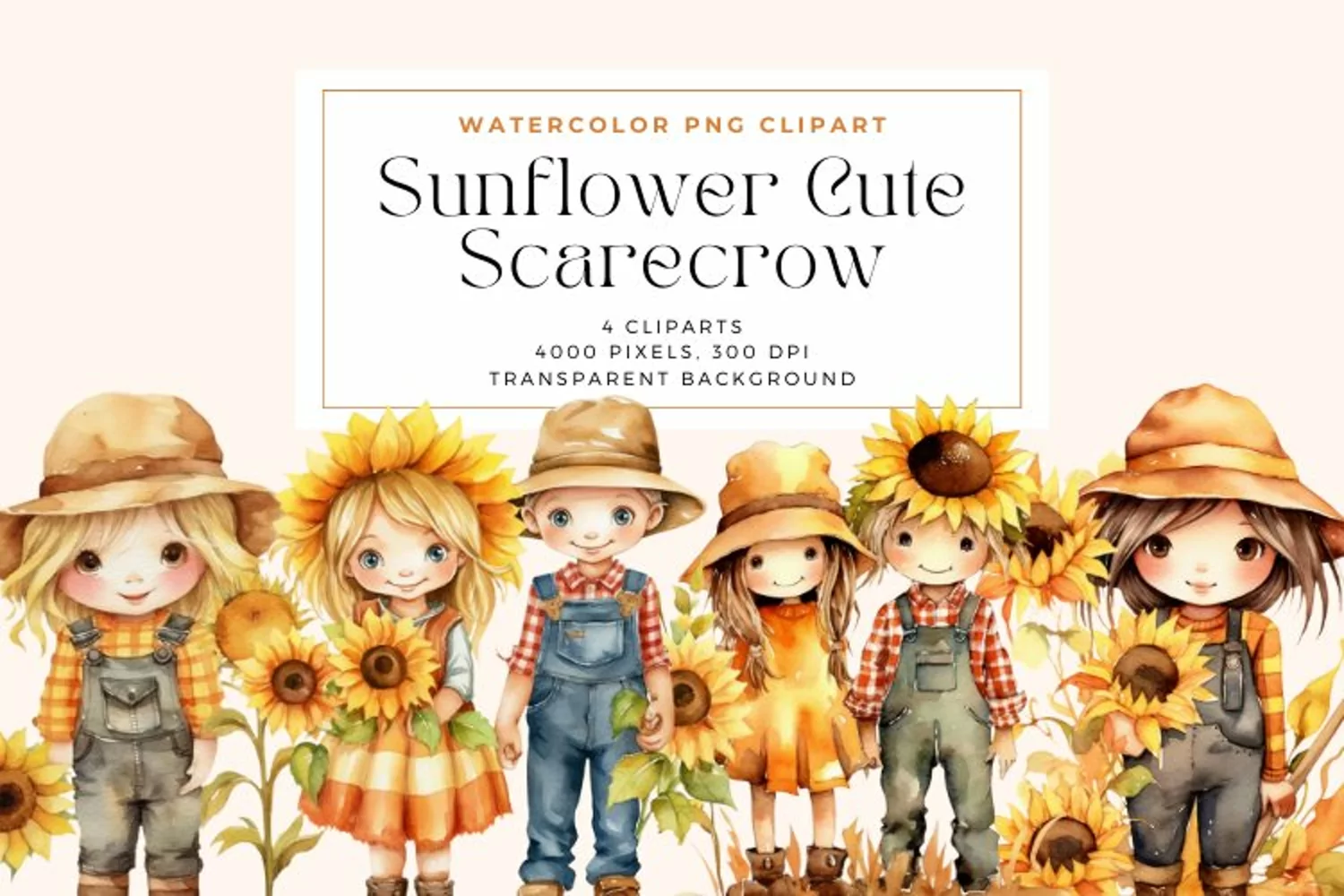 4 Watercolor Sunflower Cute Scarecrow Clipart product image 1