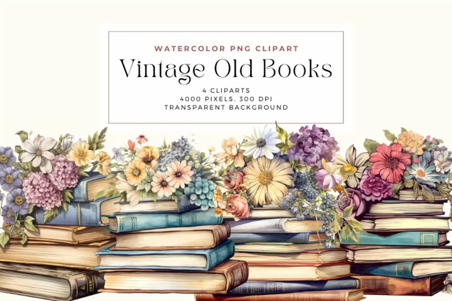 4 Watercolor Vintage Floral Books Clipart product image 1