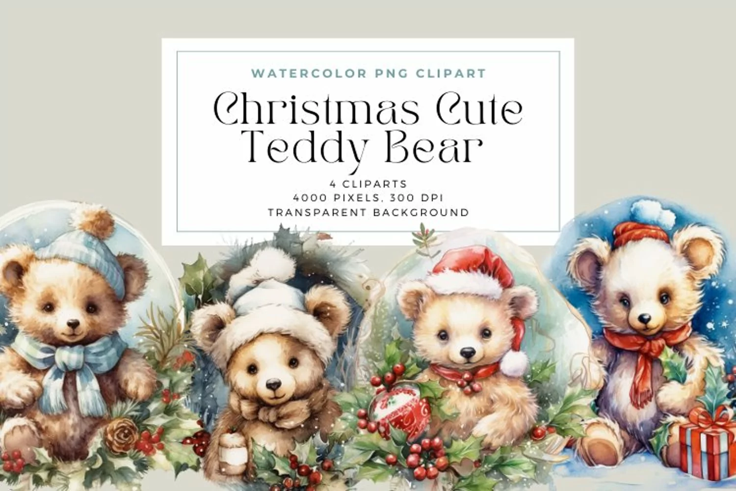 4 Watercolor Christmas Cute Teddy Bear Clipart product image 1