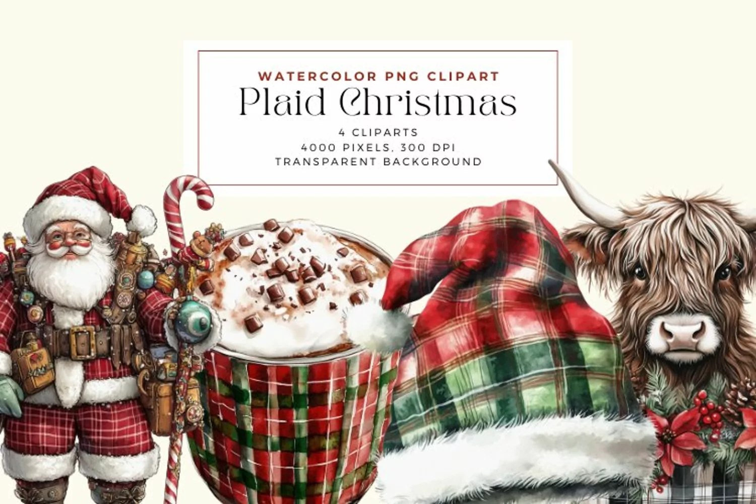 Watercolor Plaid Christmas Clipart product image 1