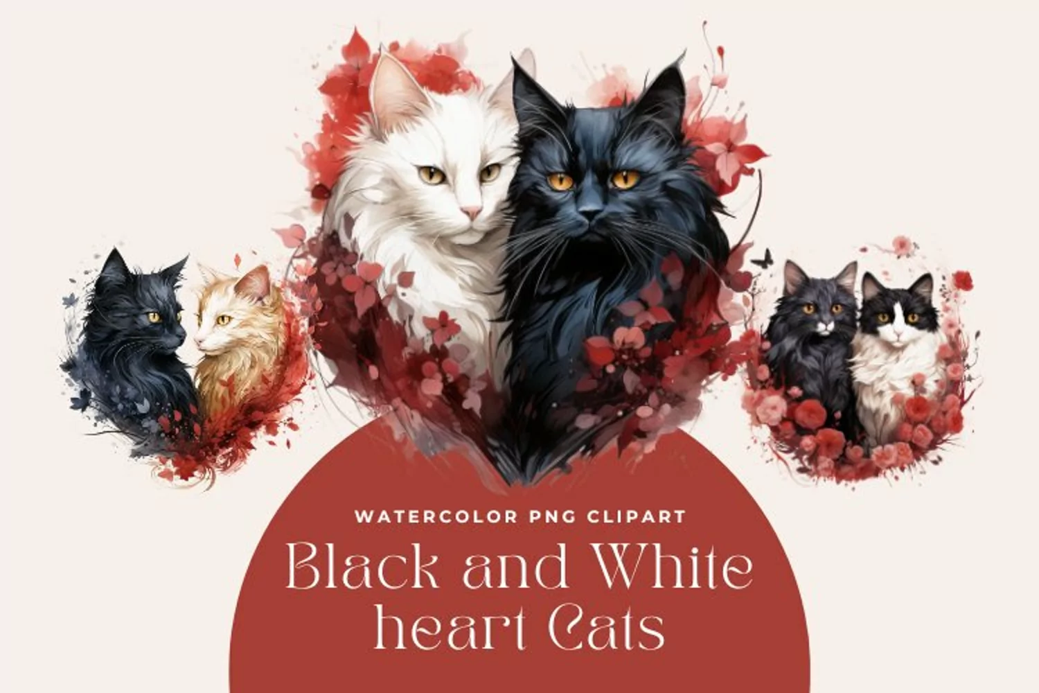 3 Watercolor Black and White Heart Cats Clipart product image 1
