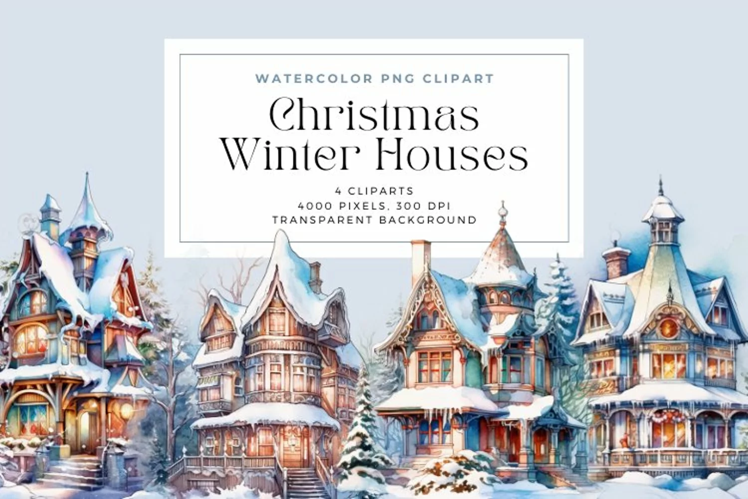 4 Watercolor Winter Houses Clipart product image 1