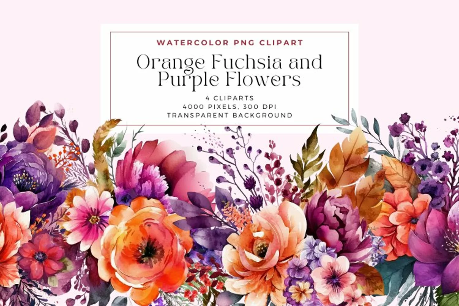Watercolor Orange Fuchsia and Purple Flowers Clipart product image 1