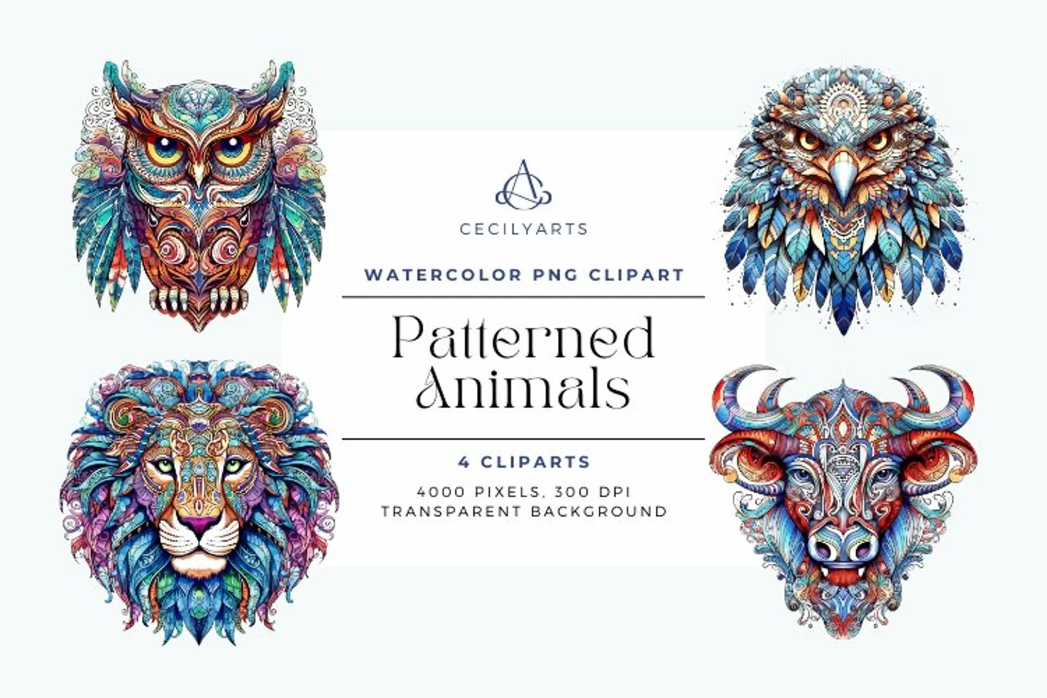 4 Watercolor Patterned Animals Clipart product image 1