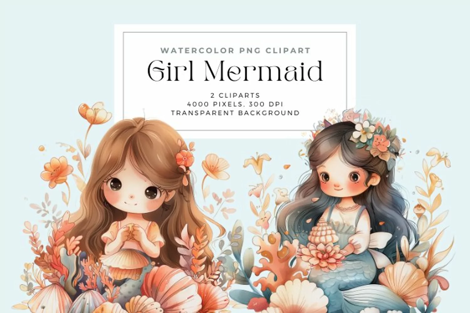 Watercolor Girl Mermaid Clipart product image 1
