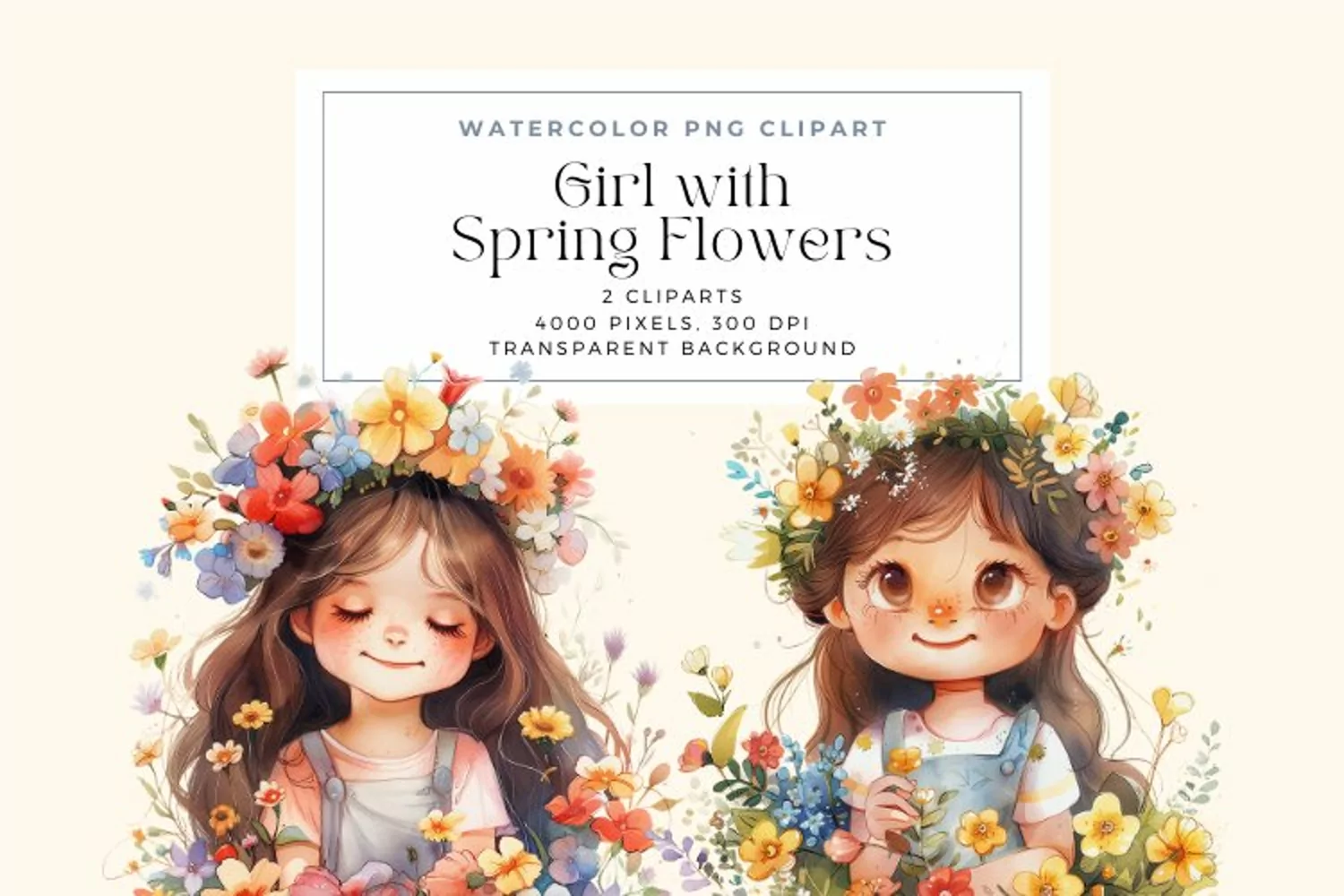Watercolor Girl with Spring Flowers Clipart product image 1