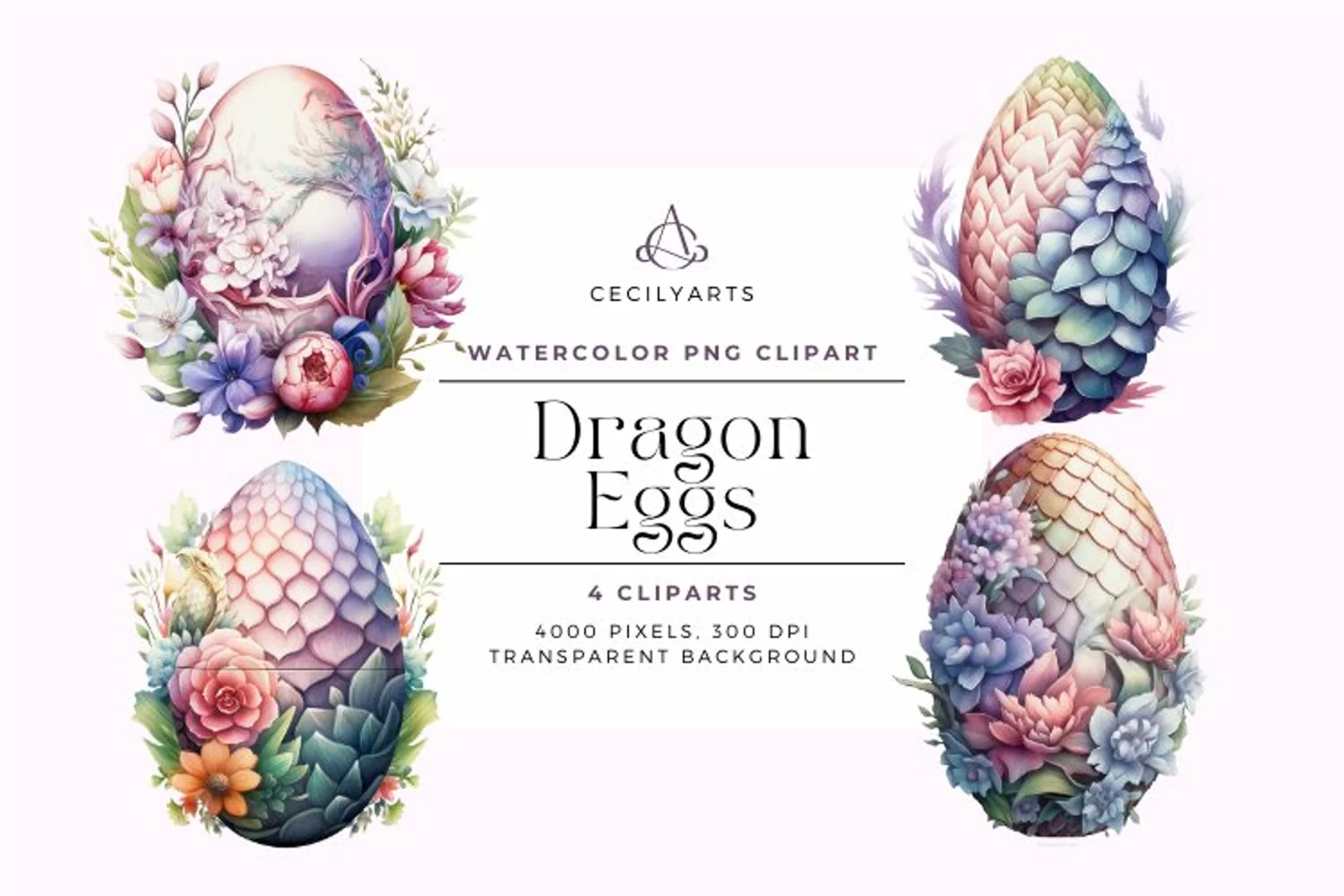 4 Watercolor Pastel Dragon Eggs Clipart product image 1