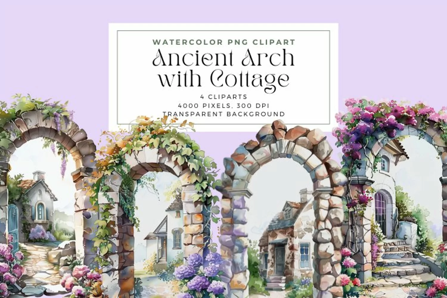 Watercolor Ancient Arch with Cottage Clipart product image 1