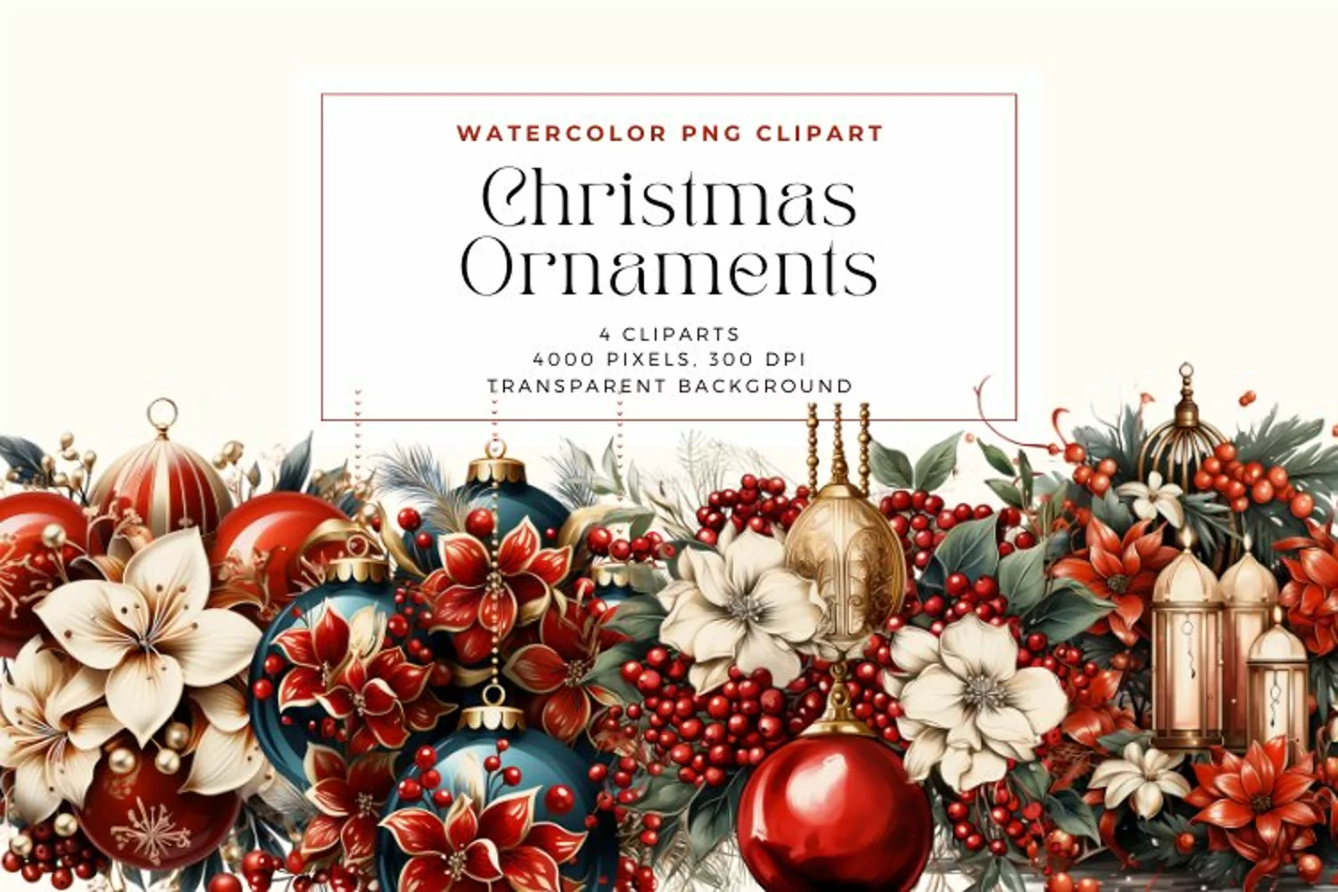 4 Watercolor Christmas Ornaments Clipart product image 1