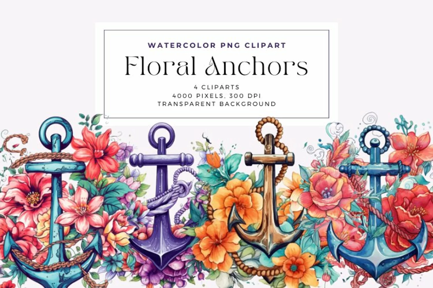 4 Watercolor Floral Anchors Clipart product image 1
