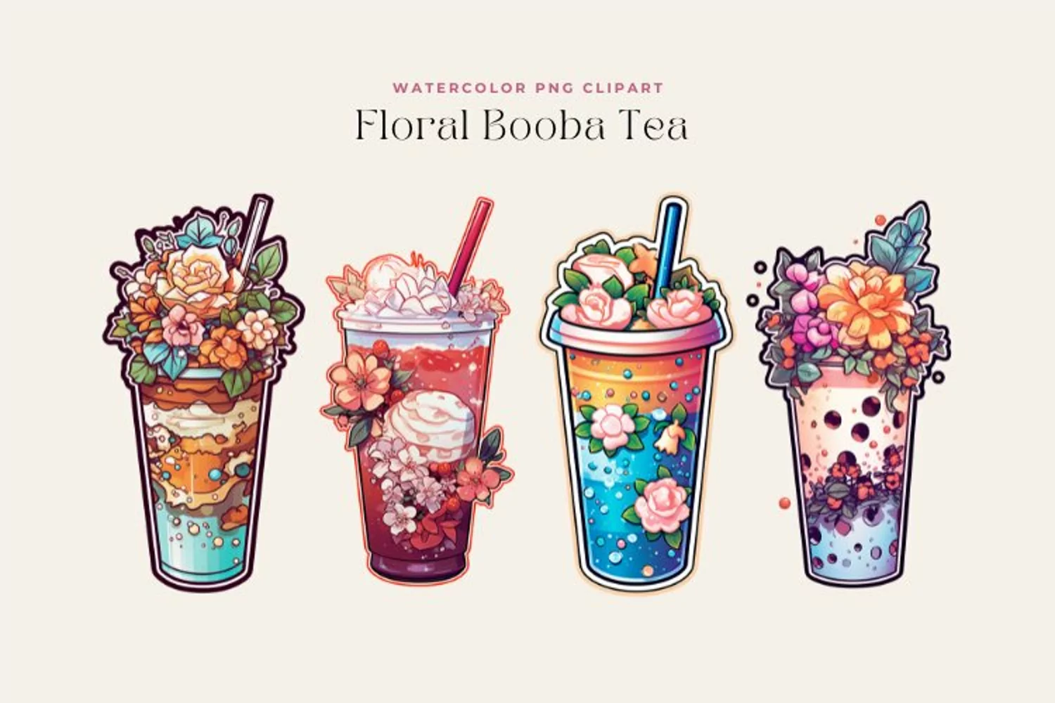 4 Watercolor Floral Booba Tea Clipart product image 1