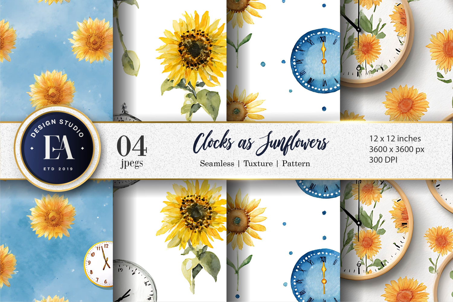 Seamless Sunflower Clocks Watercolor Pattern Digital Paper product image 1