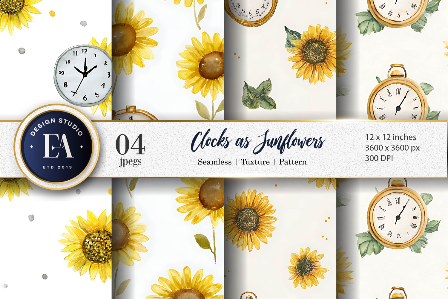Watercolor Clocks Sunflower Seamless Texture Digital Paper product image 1