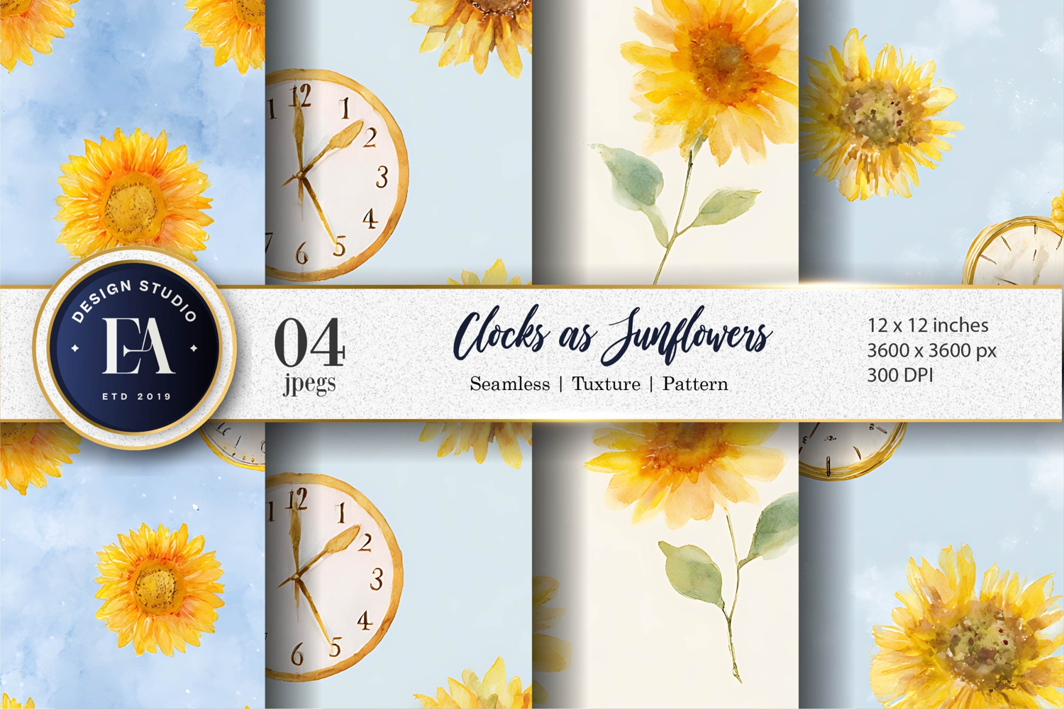 Watercolor Clocks Sunflower Seamless Texture Digital Paper product image 1