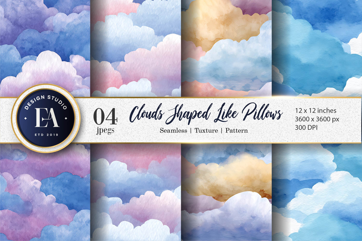 Hand-Drawn Pillow Clouds Pattern Watercolor Digital Paper product image 1