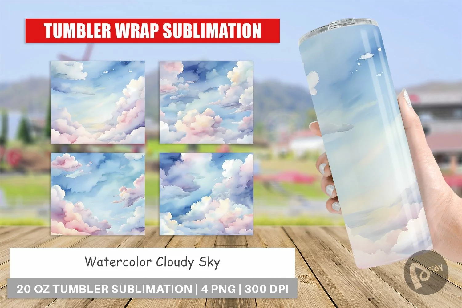Tumbler Sublimation Wrap Watercolor Cloudy Sky product image 1