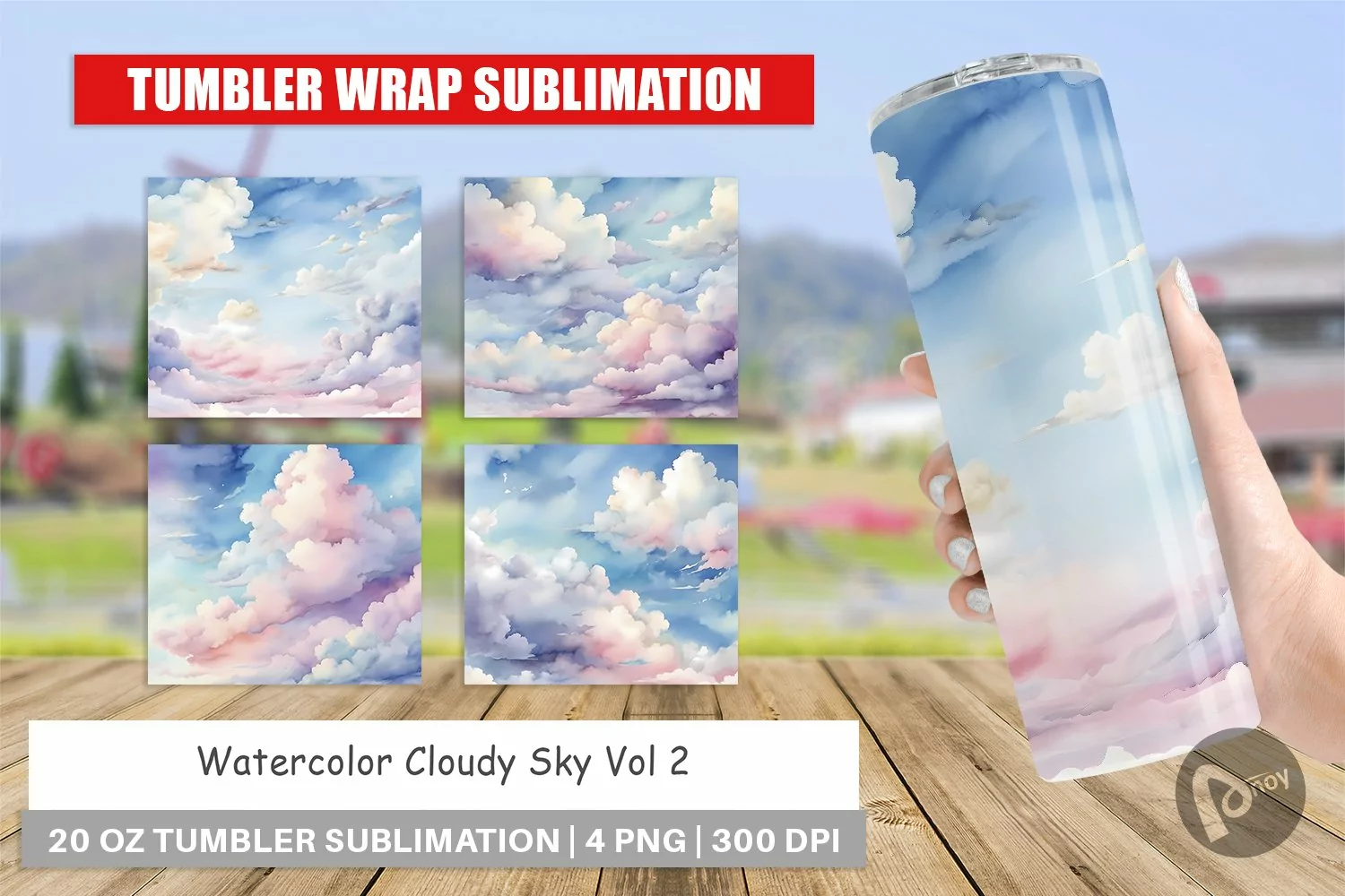 Tumbler Sublimation Wrap Watercolor Cloudy Sky product image 1