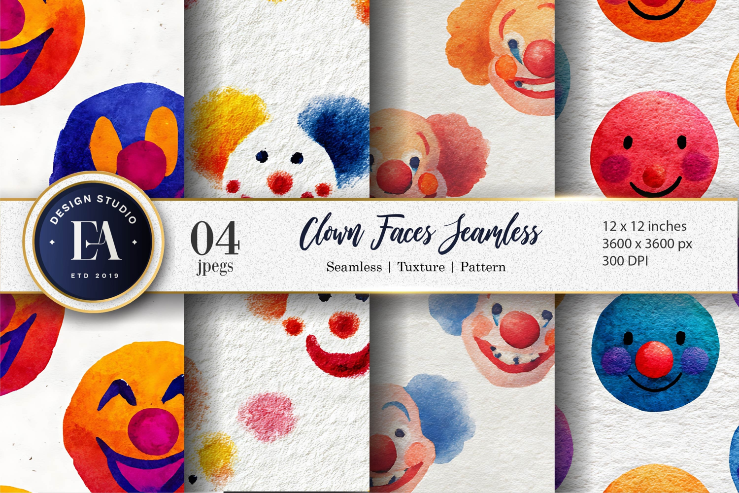 Clown Faces Watercolor Seamless Pattern Digital Paper product image 1