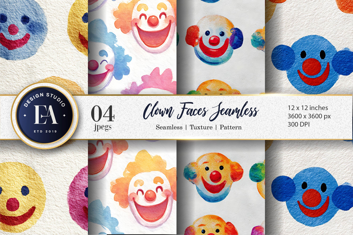 Seamless Watercolor Clown Faces Pattern Digital Paper product image 1