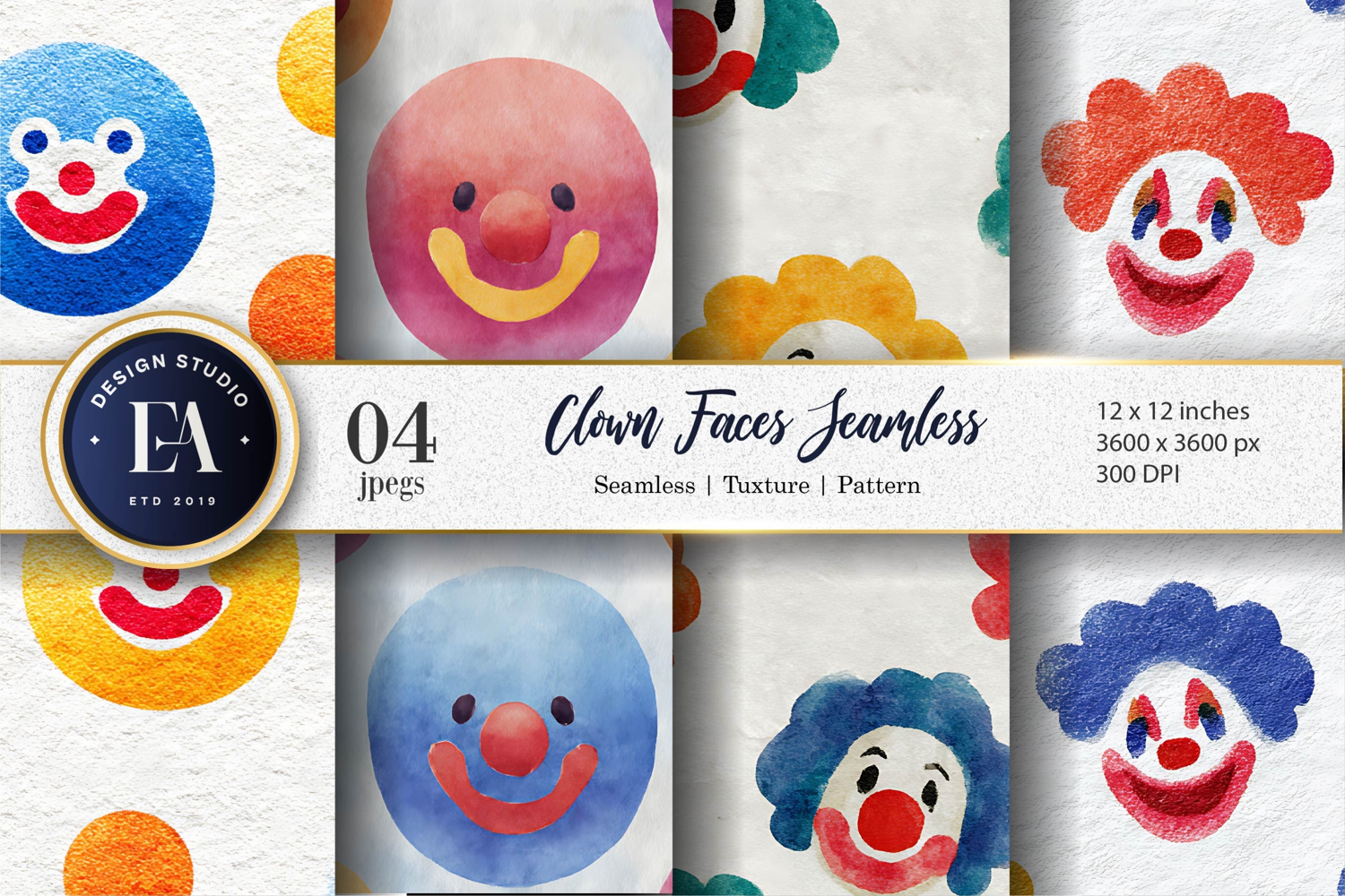 Watercolor Seamless Clown Faces Pattern Digital Paper product image 1