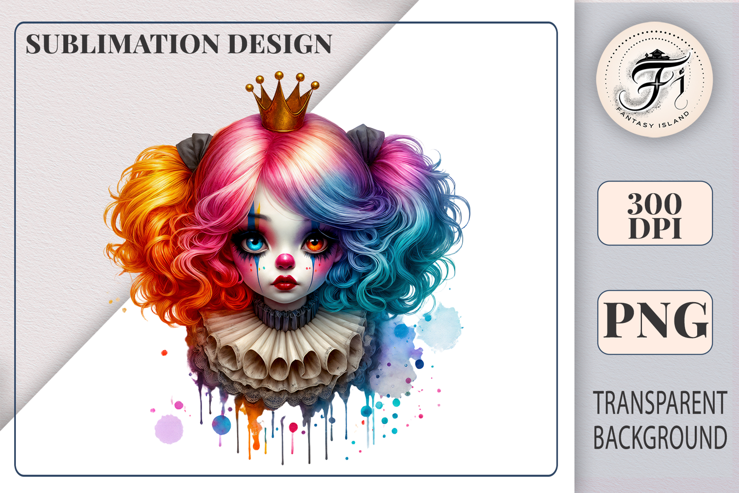Rainbow-haired clown girl in princess style with spooky makeup and a crown. Elegant and eerie character for Halloween or circus-themed designs.