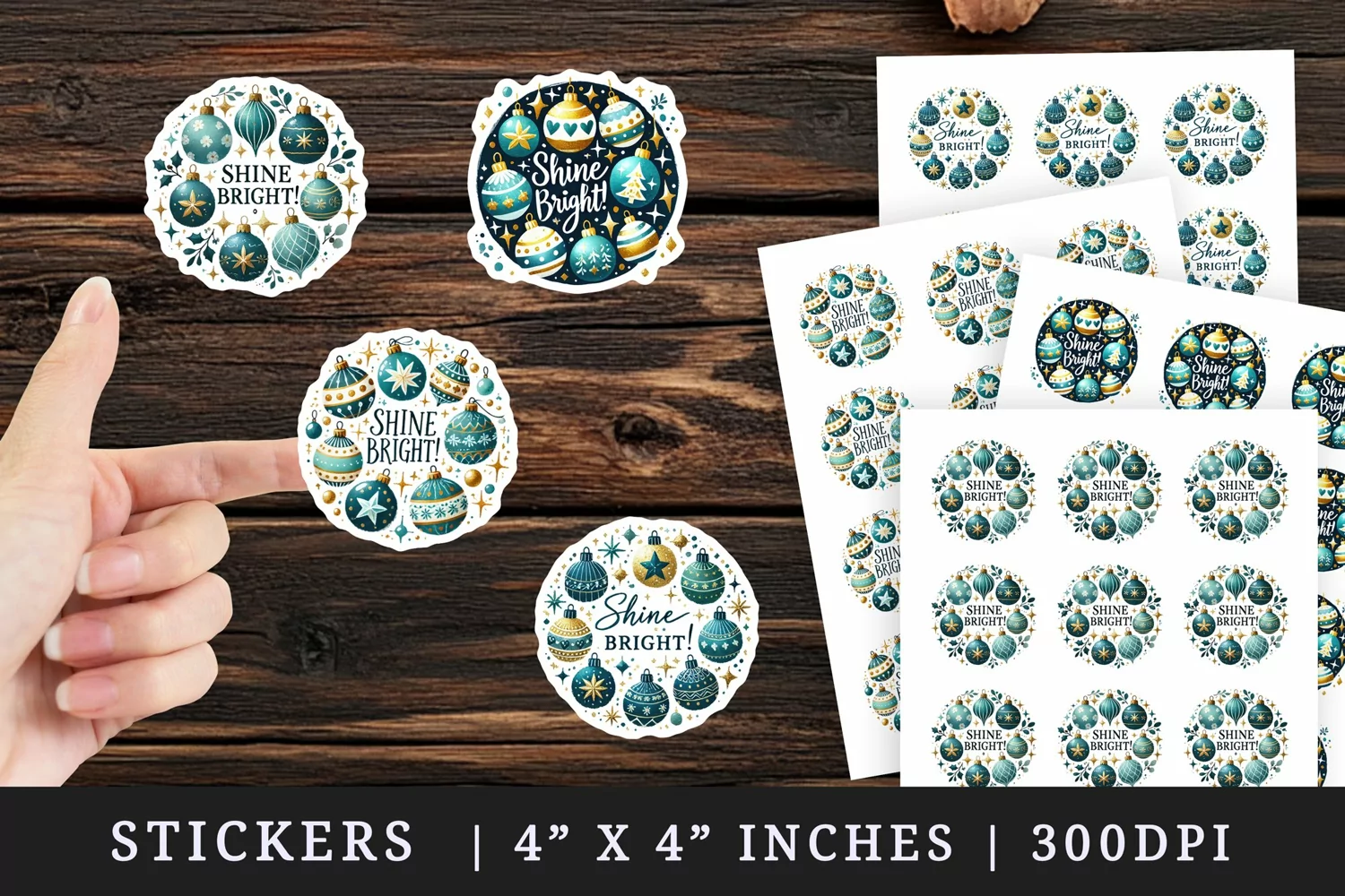 Watercolor cluster of Christmas ornaments sparkles Shine Bright quote New Year winter print sticker sheet stickers printable sublimation design png