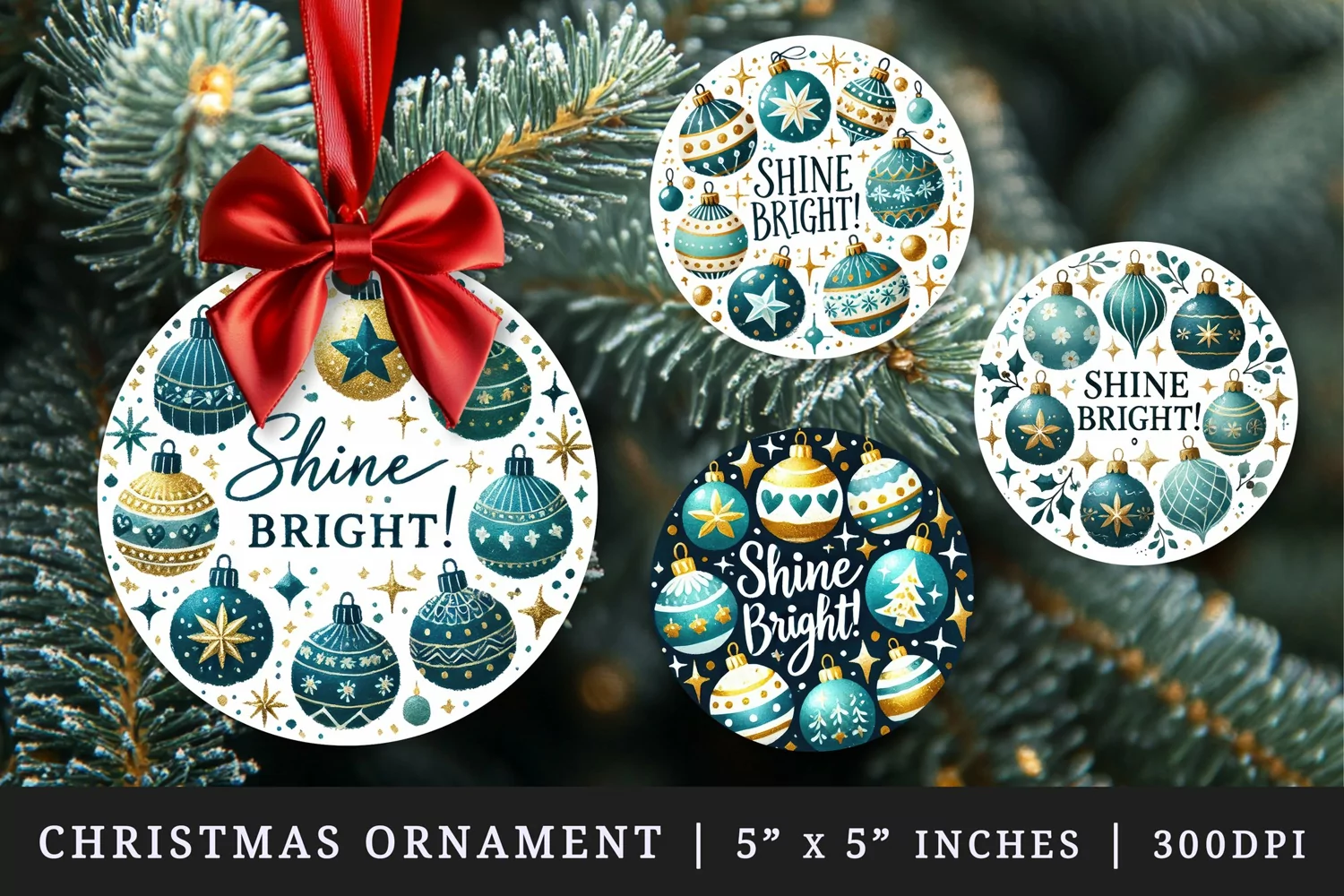Watercolor cluster of Christmas ornaments with sparkles around Shine Bright quote New Year winter print round ornament ornaments sublimation design