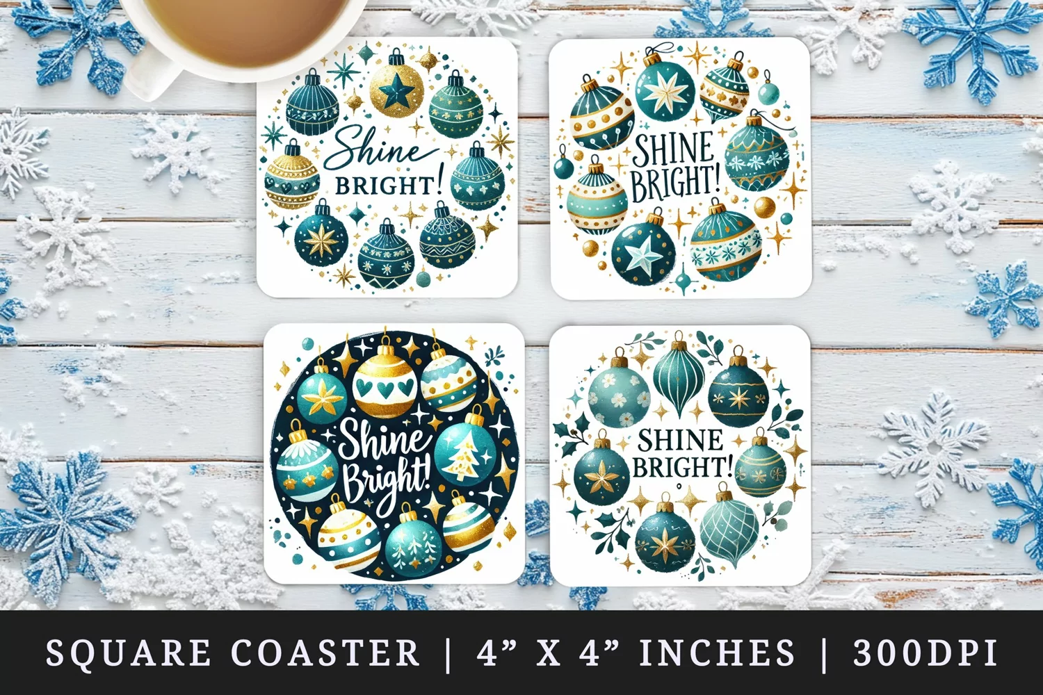 Watercolor cluster of Christmas ornaments with sparkles around Shine Bright quote New Year winter print square coaster mug coasters sublimation design