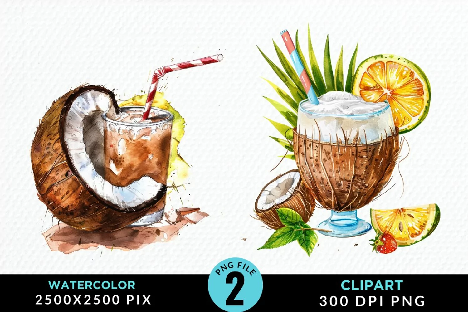 Watercolor Coconut Drink Artwork Clipart product image 1