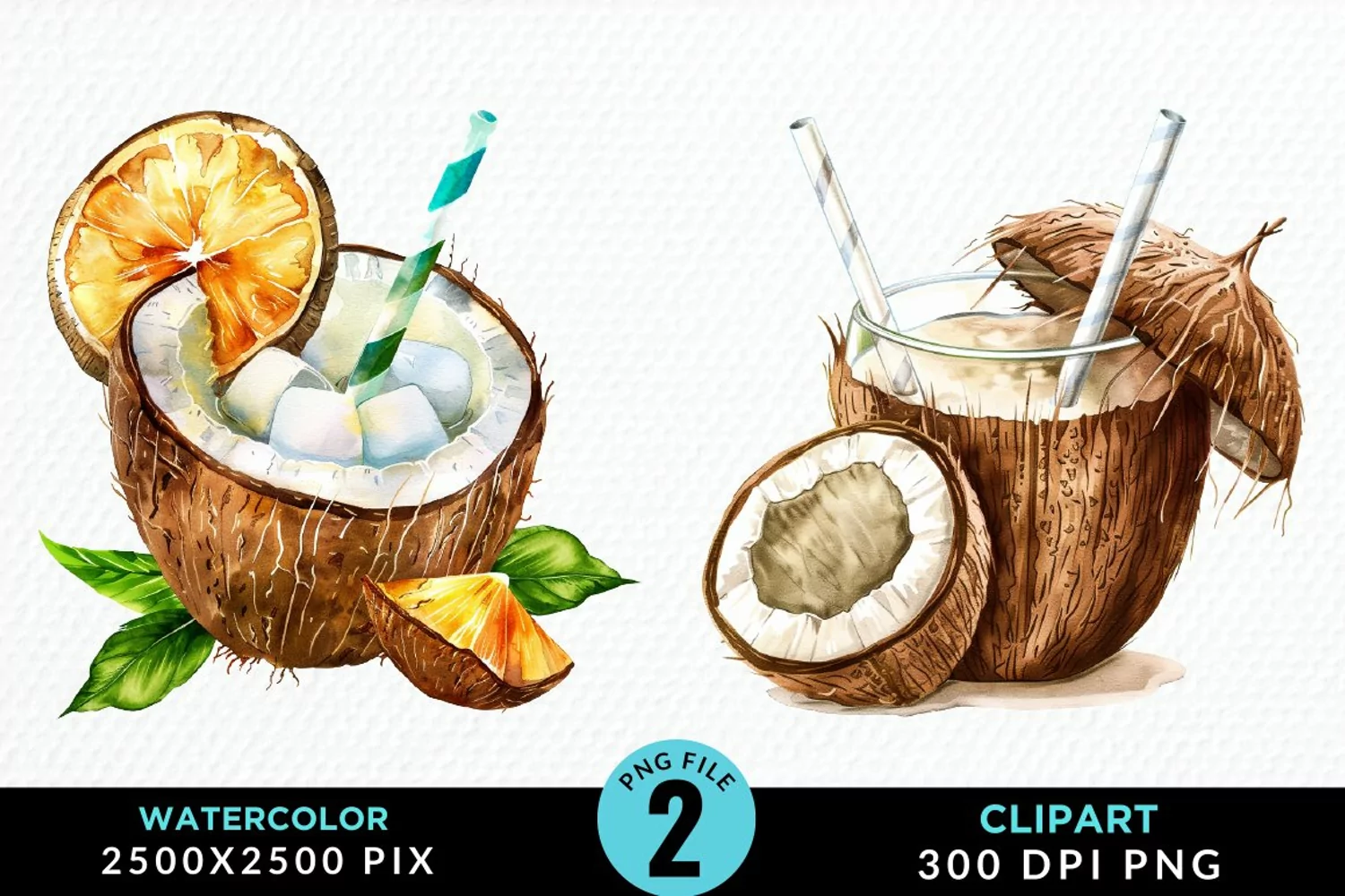 Watercolor Coconut Drink Artwork Clipart product image 1