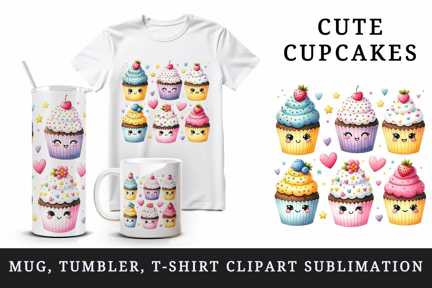 Watercolor colorful cupcakes with cheerful faces tiny hearts stars print 20 oz tumbler skinny mug wrap clipart t-shirt sublimation printable design