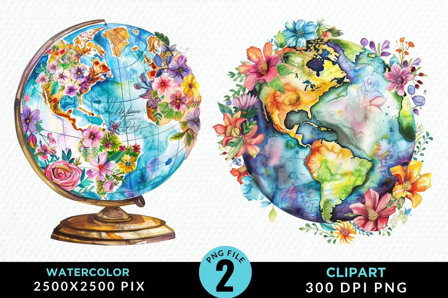 Watercolor Floral Globe Artwork Clipart product image 1
