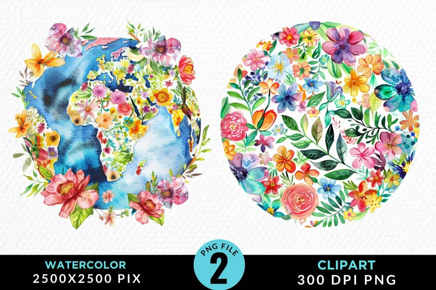 Watercolor Floral Globe Artwork Clipart product image 1