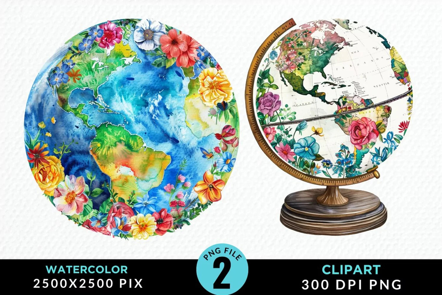 Watercolor Floral Globe Artwork Clipart product image 1